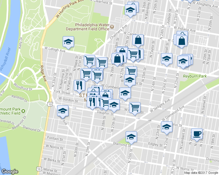 map of restaurants, bars, coffee shops, grocery stores, and more near 2464 North 28th Street in Philadelphia