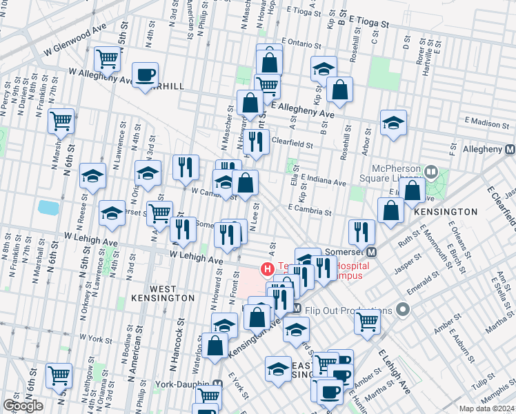 map of restaurants, bars, coffee shops, grocery stores, and more near 2867 North Lee Street in Philadelphia