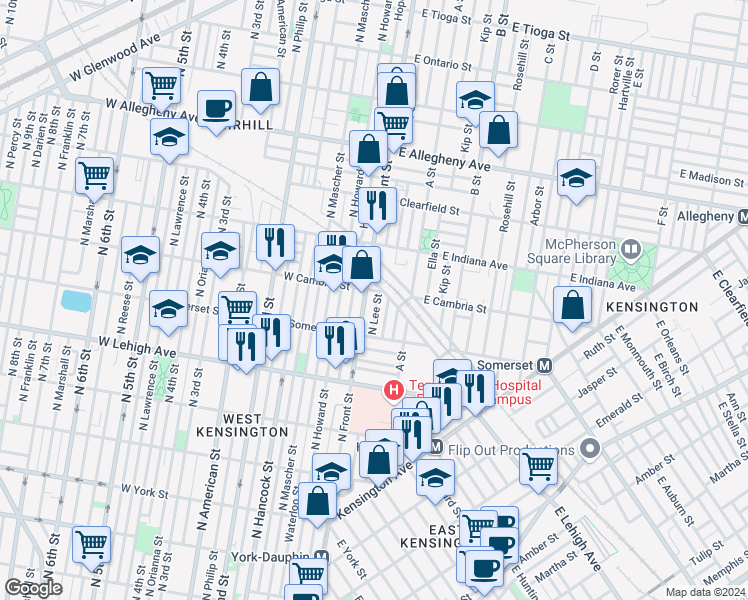 map of restaurants, bars, coffee shops, grocery stores, and more near 2862 North Lee Street in Philadelphia