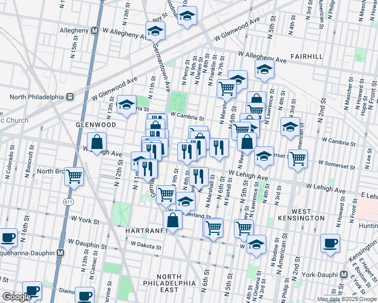map of restaurants, bars, coffee shops, grocery stores, and more near 2734 North 8th Street in Philadelphia