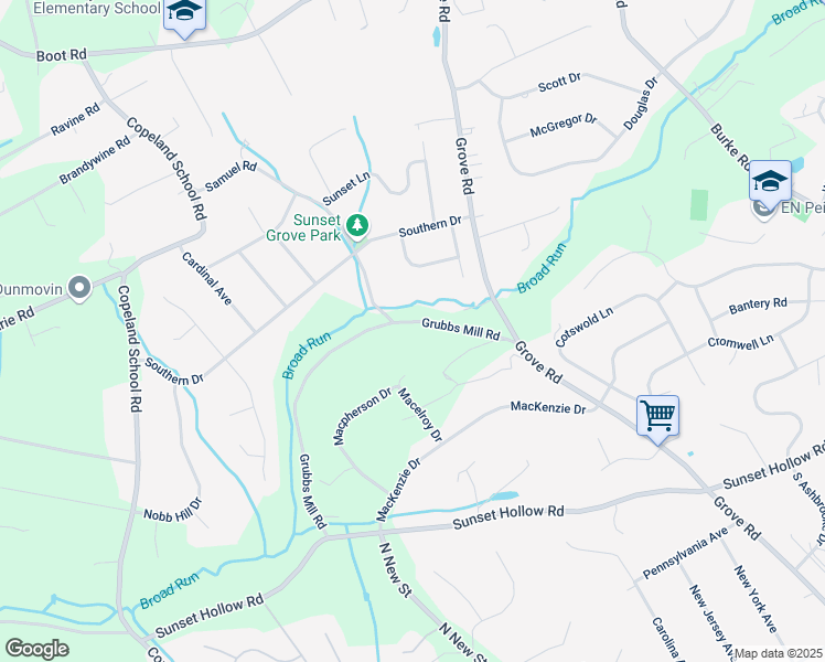 map of restaurants, bars, coffee shops, grocery stores, and more near 582 Grubbs Mill Road in West Chester