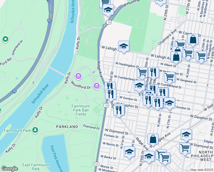 map of restaurants, bars, coffee shops, grocery stores, and more near 3315 Ridge Avenue in Philadelphia