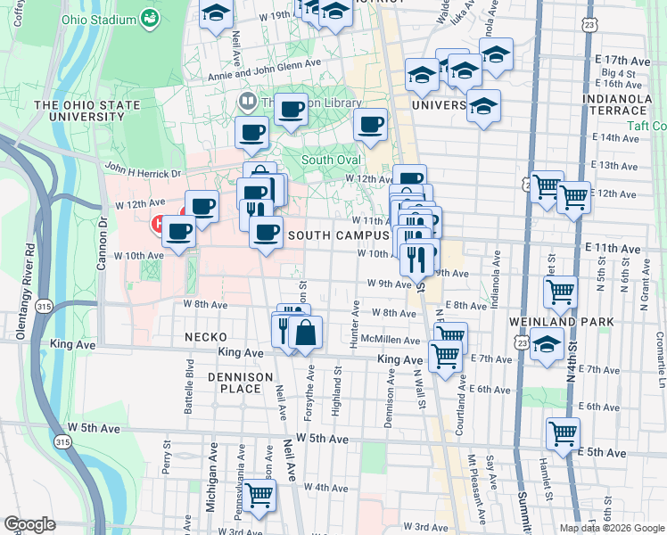 map of restaurants, bars, coffee shops, grocery stores, and more near 1560 Highland Street in Columbus