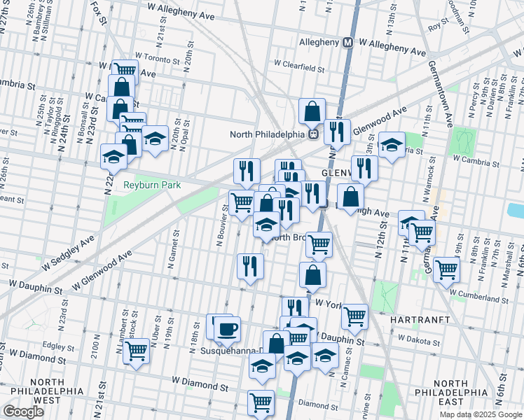 map of restaurants, bars, coffee shops, grocery stores, and more near 2639 North Bancroft Street in Philadelphia