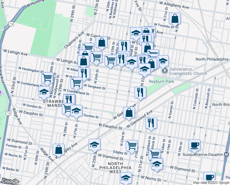 map of restaurants, bars, coffee shops, grocery stores, and more near 2407 West Firth Street in Philadelphia