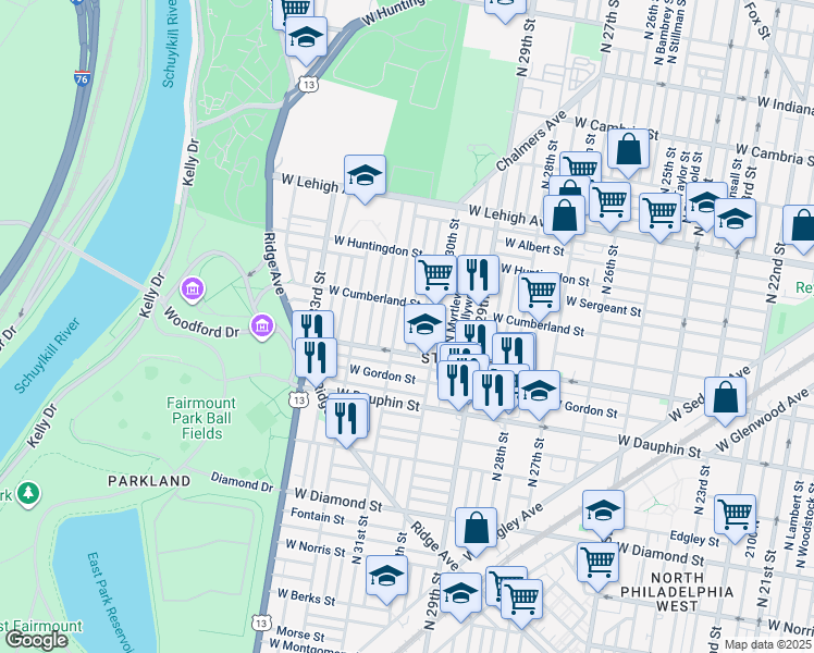 map of restaurants, bars, coffee shops, grocery stores, and more near 2436 North Stanley Street in Philadelphia