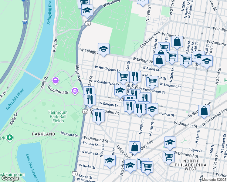 map of restaurants, bars, coffee shops, grocery stores, and more near 2435 North 31st Street in Philadelphia