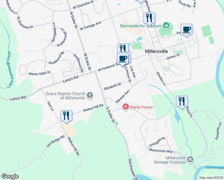 map of restaurants, bars, coffee shops, grocery stores, and more near 164 Elizabeth Street in Millersville