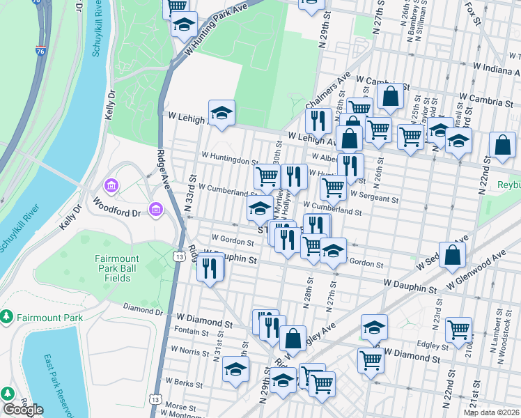 map of restaurants, bars, coffee shops, grocery stores, and more near 2411 North Corlies Street in Philadelphia