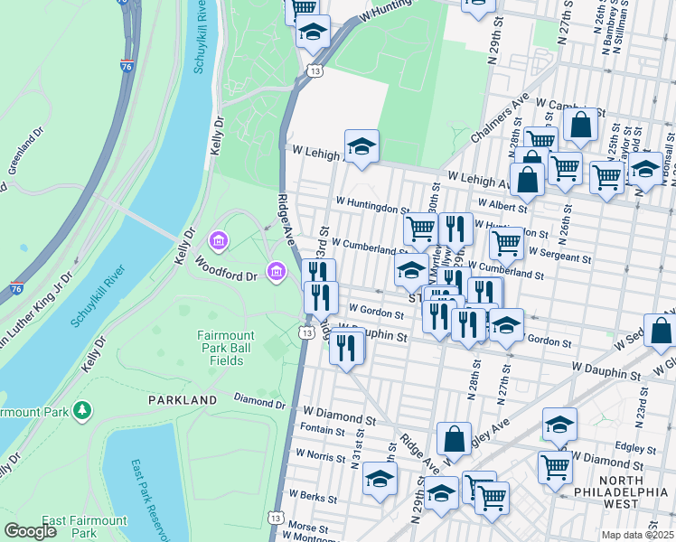 map of restaurants, bars, coffee shops, grocery stores, and more near 2416 North Natrona Street in Philadelphia