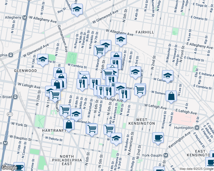 map of restaurants, bars, coffee shops, grocery stores, and more near 524 West Somerset Street in Philadelphia