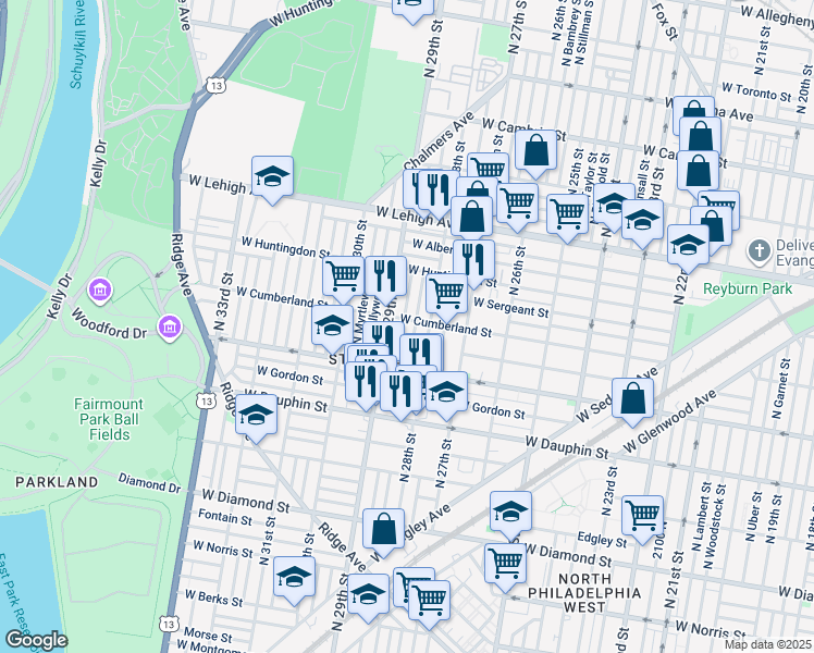 map of restaurants, bars, coffee shops, grocery stores, and more near 2463 North Dover Street in Philadelphia