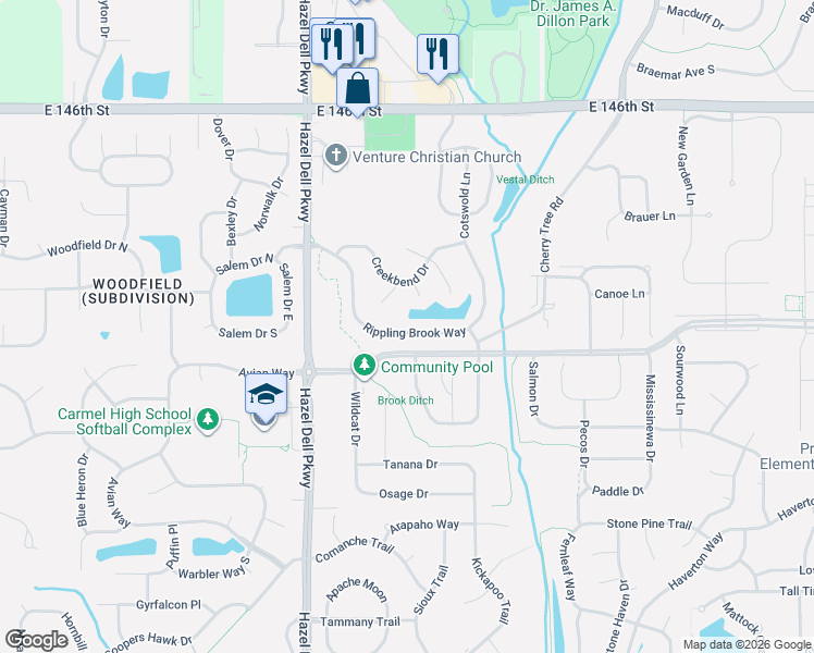 map of restaurants, bars, coffee shops, grocery stores, and more near 5347 Rippling Brook Way in Carmel