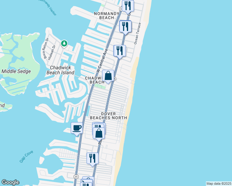 map of restaurants, bars, coffee shops, grocery stores, and more near 61 East Bay Way in Lavallette