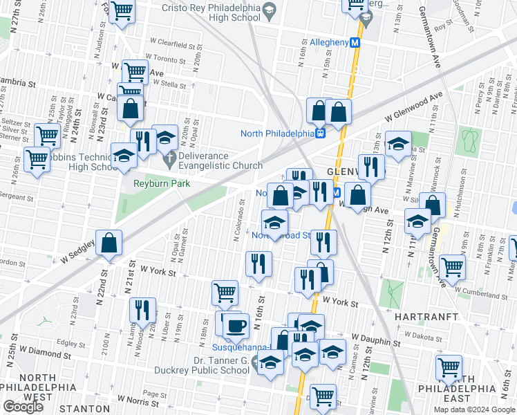 map of restaurants, bars, coffee shops, grocery stores, and more near 2636 North Chadwick Street in Philadelphia