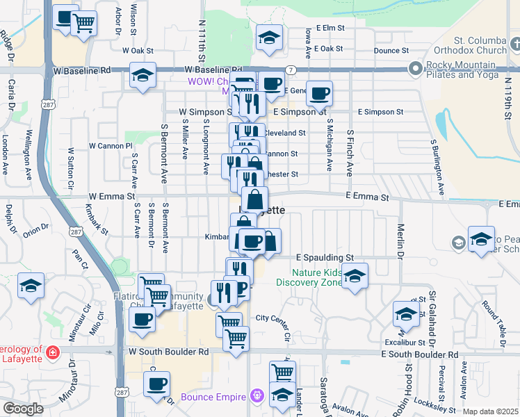 map of restaurants, bars, coffee shops, grocery stores, and more near 504 South Public Road in Lafayette