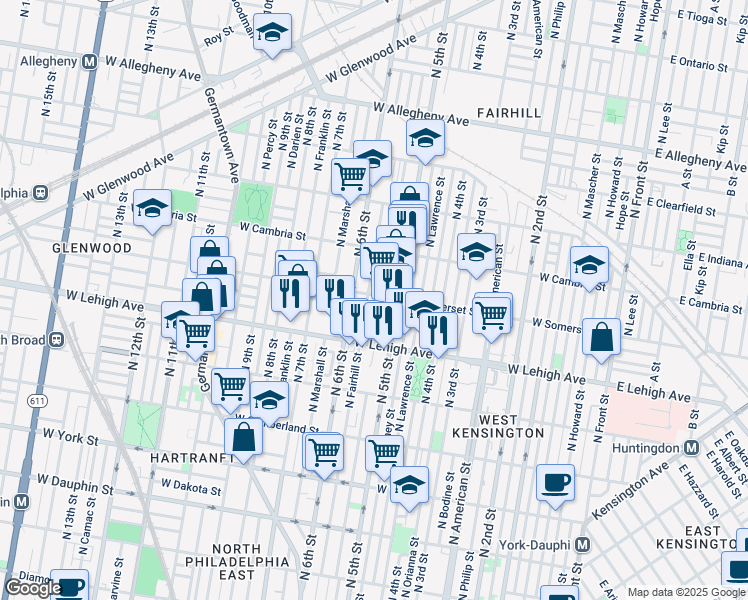 map of restaurants, bars, coffee shops, grocery stores, and more near 528 West Somerset Street in Philadelphia