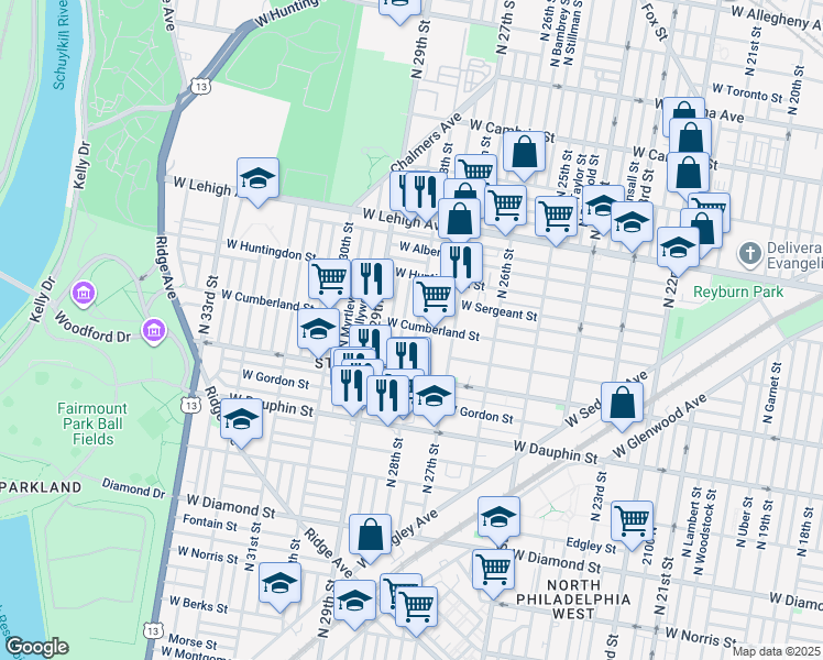 map of restaurants, bars, coffee shops, grocery stores, and more near 2464 North 28th Street in Philadelphia