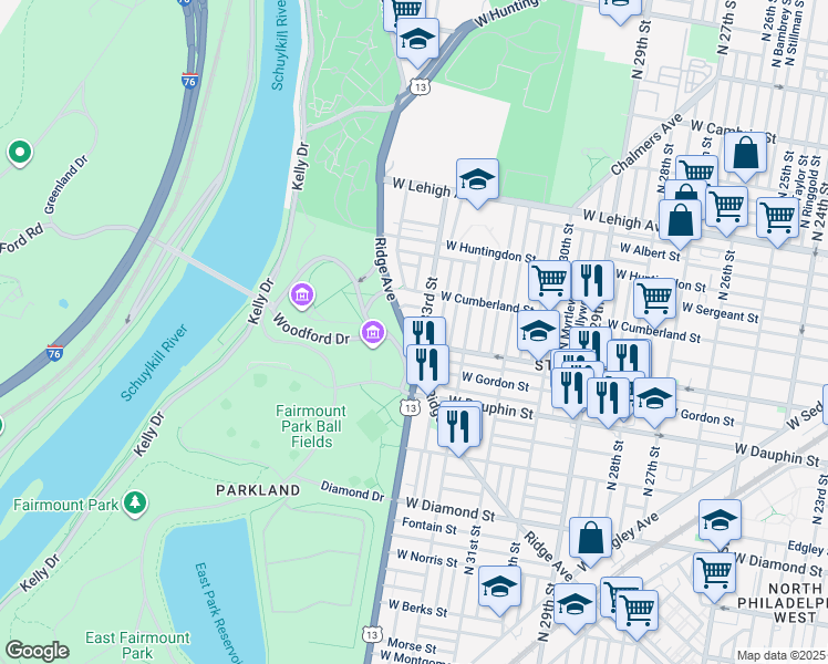 map of restaurants, bars, coffee shops, grocery stores, and more near 3315 Ridge Avenue in Philadelphia