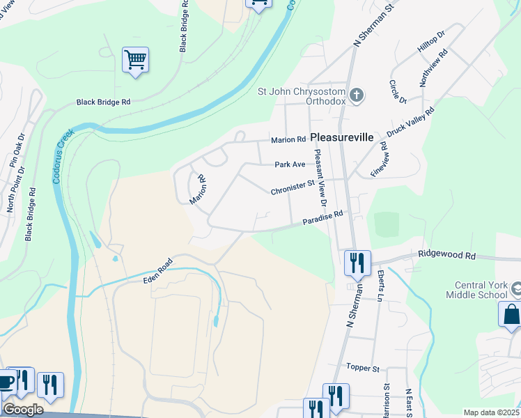 map of restaurants, bars, coffee shops, grocery stores, and more near 500 Paradise Road in York