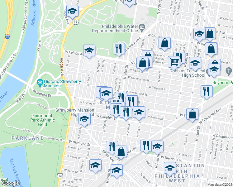 map of restaurants, bars, coffee shops, grocery stores, and more near 2448 North Hollywood Street in Philadelphia