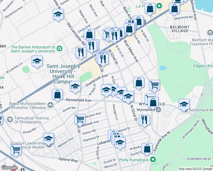 map of restaurants, bars, coffee shops, grocery stores, and more near 2417 North 54th Street in Philadelphia