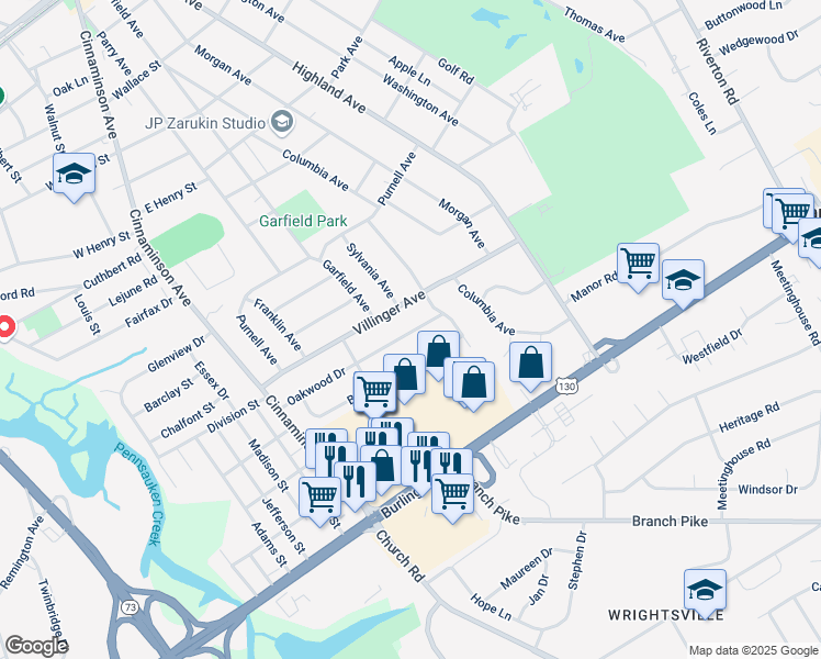 map of restaurants, bars, coffee shops, grocery stores, and more near 109 Oakwood Drive in Cinnaminson