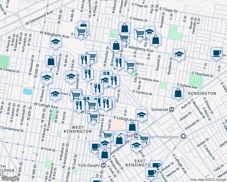 map of restaurants, bars, coffee shops, grocery stores, and more near 2814 North Front Street in Philadelphia