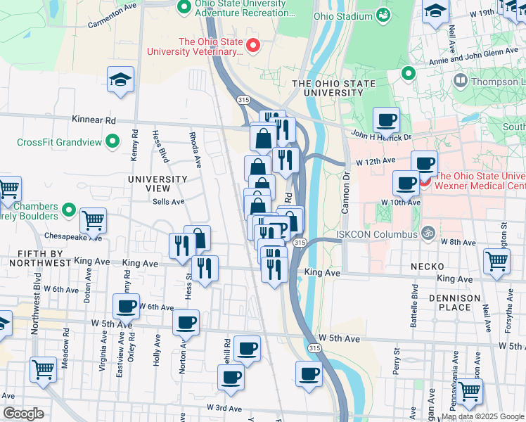 map of restaurants, bars, coffee shops, grocery stores, and more near 1717 Olentangy River Road in Columbus