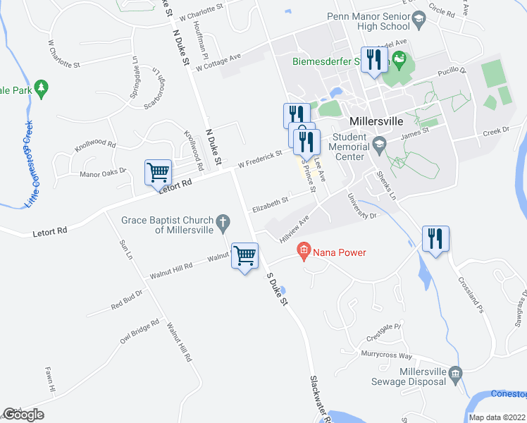 map of restaurants, bars, coffee shops, grocery stores, and more near 172 Elizabeth Street in Millersville