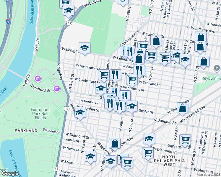 map of restaurants, bars, coffee shops, grocery stores, and more near 2448 North Hollywood Street in Philadelphia