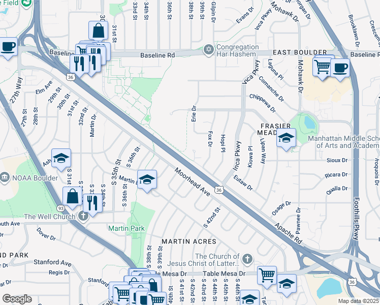 map of restaurants, bars, coffee shops, grocery stores, and more near 3821 Apache Court in Boulder