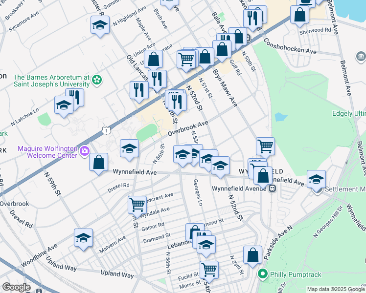 map of restaurants, bars, coffee shops, grocery stores, and more near 2408 North 54th Street in Philadelphia