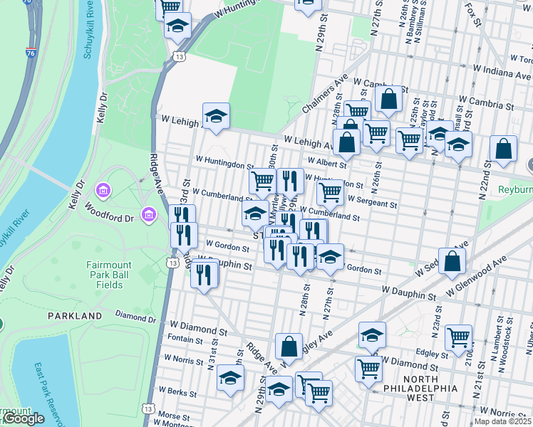 map of restaurants, bars, coffee shops, grocery stores, and more near 2445 North 30th Street in Philadelphia