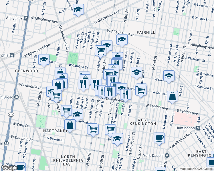 map of restaurants, bars, coffee shops, grocery stores, and more near 530 West Somerset Street in Philadelphia