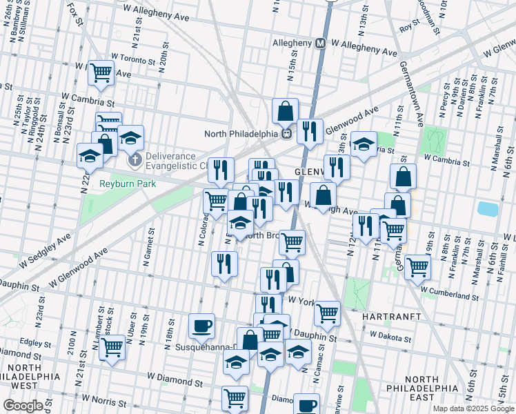 map of restaurants, bars, coffee shops, grocery stores, and more near 1522 West Oakdale Street in Philadelphia