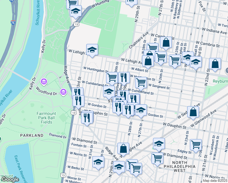 map of restaurants, bars, coffee shops, grocery stores, and more near 2445 North 30th Street in Philadelphia