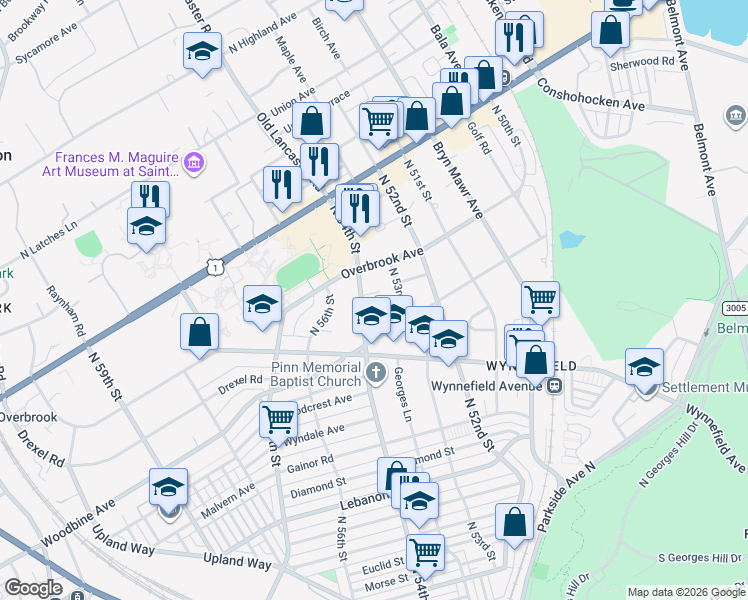 map of restaurants, bars, coffee shops, grocery stores, and more near 2417 North 54th Street in Philadelphia