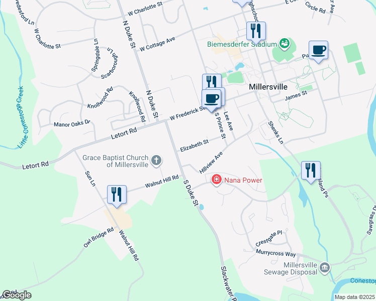 map of restaurants, bars, coffee shops, grocery stores, and more near 172 Elizabeth Street in Millersville