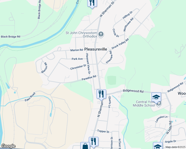 map of restaurants, bars, coffee shops, grocery stores, and more near 735 Paradise Road in York