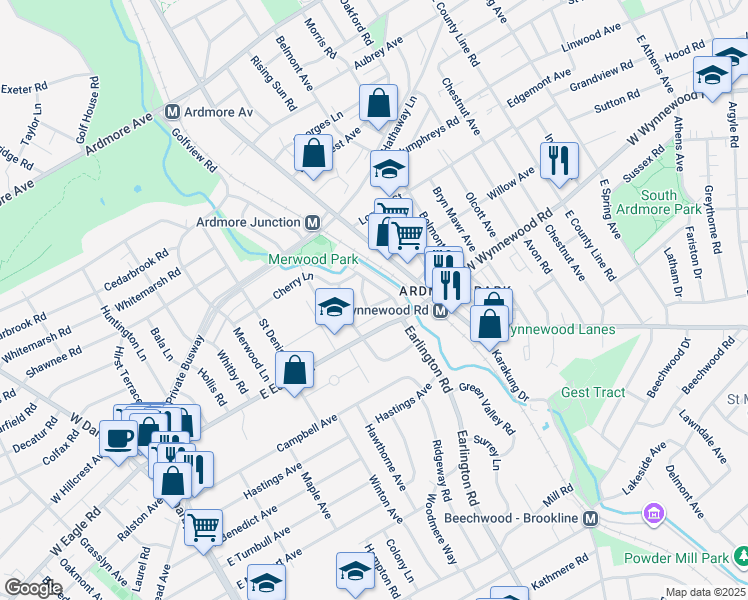 map of restaurants, bars, coffee shops, grocery stores, and more near 2413 Linden Drive in Havertown