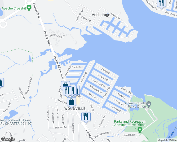 map of restaurants, bars, coffee shops, grocery stores, and more near 1871 Monitor Drive in Toms River