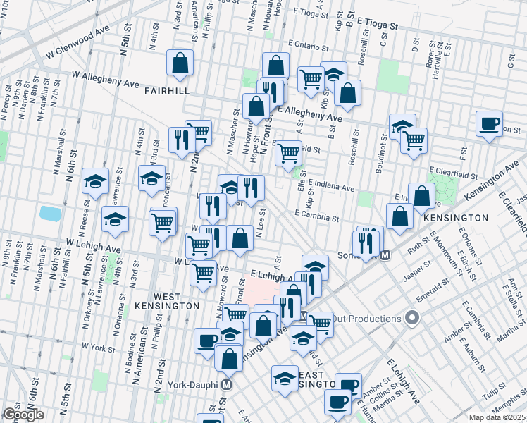 map of restaurants, bars, coffee shops, grocery stores, and more near 2867 North Lee Street in Philadelphia