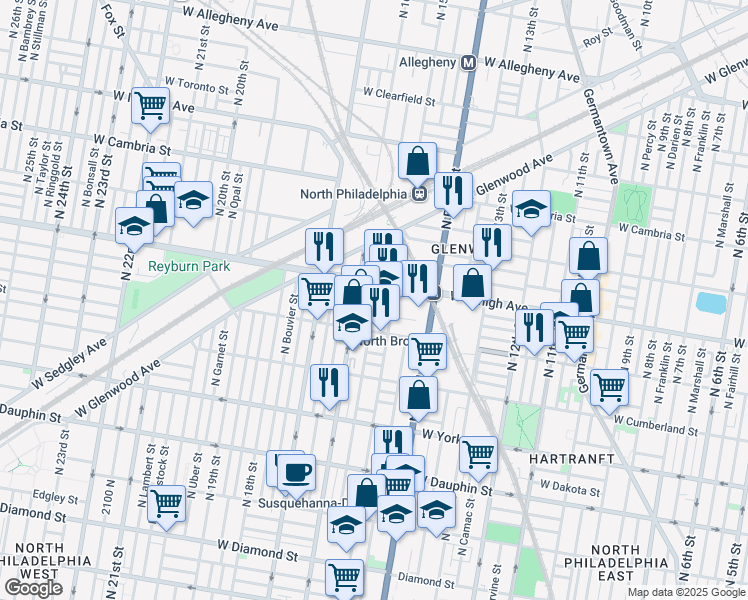 map of restaurants, bars, coffee shops, grocery stores, and more near 1541 West Huntingdon Street in Philadelphia