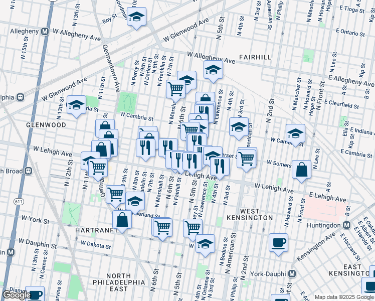 map of restaurants, bars, coffee shops, grocery stores, and more near 528 West Somerset Street in Philadelphia
