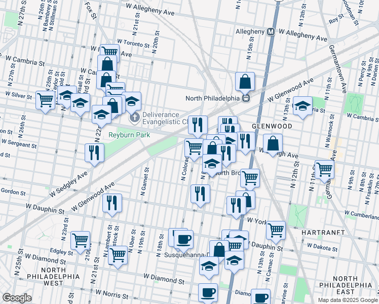 map of restaurants, bars, coffee shops, grocery stores, and more near 2629 North Colorado Street in Philadelphia