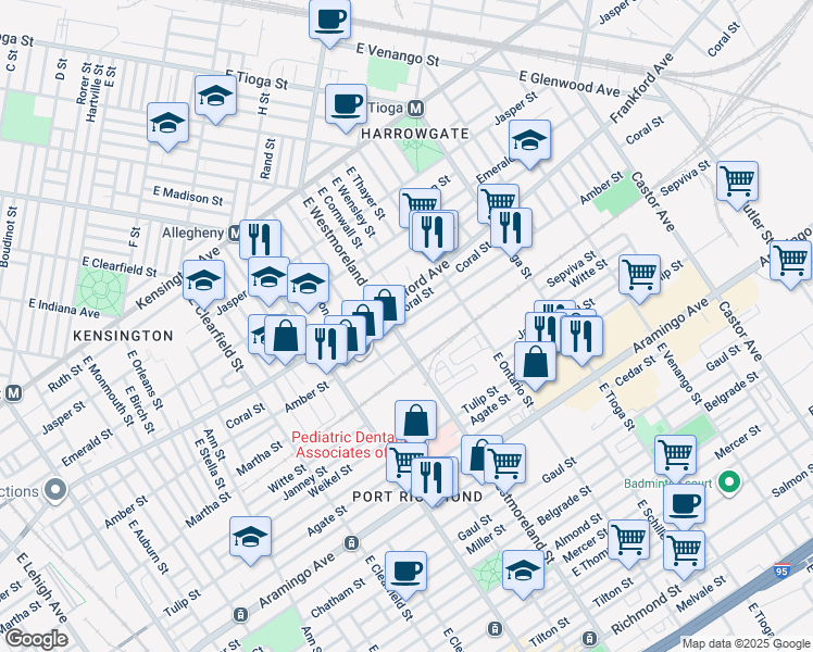 map of restaurants, bars, coffee shops, grocery stores, and more near 2150e East Westmoreland Street in Philadelphia