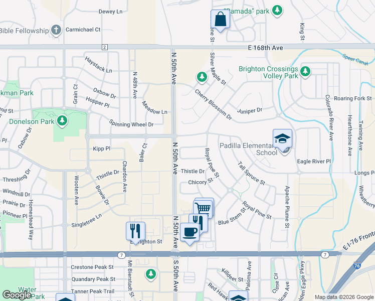 map of restaurants, bars, coffee shops, grocery stores, and more near 5170 Delphinium Circle in Brighton