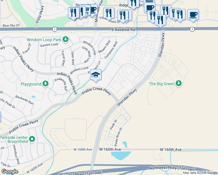 map of restaurants, bars, coffee shops, grocery stores, and more near 3200 Preble Creek Parkway in Broomfield