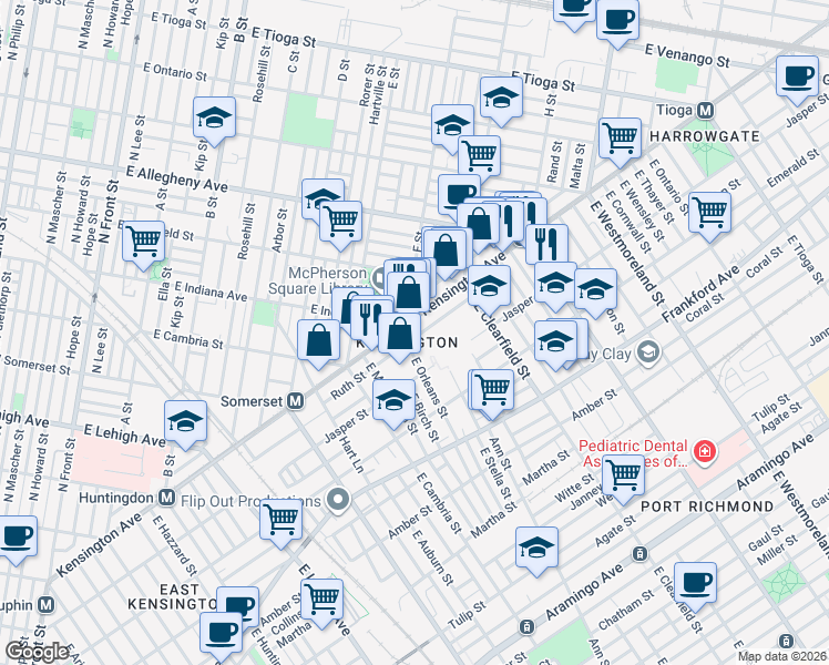 map of restaurants, bars, coffee shops, grocery stores, and more near 3012 Jasper Street in Philadelphia